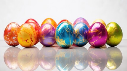 Wall Mural -  a row of colorful painted eggs sitting on top of a white counter top with a reflection of the eggs in the middle of the row of the row on a reflective surface.