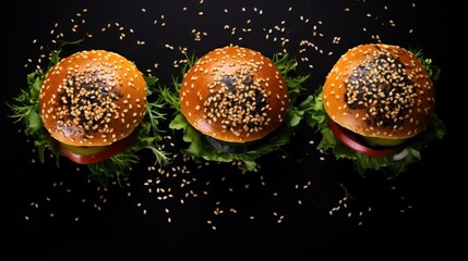 Canvas Print -  three sesame seed burgers with lettuce and tomato on a black background with sesame seeds scattered around the buns and the buns are topped with sesame seeds.