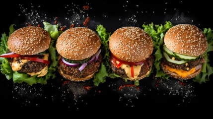 Wall Mural -  a row of hamburgers with lettuce, tomato, cheese, and pickles on a black background with sprinkles of ketchup and salt.