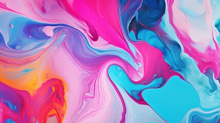 Wall Mural -  a close up view of a colorful fluid paint design on a white background with blue, pink, yellow, and orange colors in the center of the fluid paint.