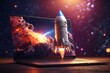 rocket takes off from laptop display, illustrating technological growth and ethical digital advancement