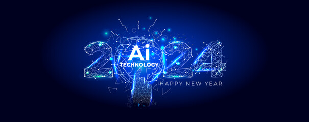 Start of 2024 New year. Educational concept of Futuristic technology Artificial intelligence background. Teaching and learning Ai technology.