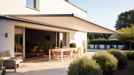 Summer terrace under a canopy of a modern house.	
