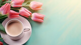 Fototapeta Tulipany - Colorful Spring Tulip with a Cup of Hot Coffee Latte. Mother's Day and Valentine's Day Copy Space Concept