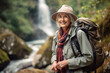 Healthy elderly or senior woman wearing hiking clothes goes on a trip enjoying a natural waterfall in the forest. Senior woman feels relaxed and takes a deep breath in the fresh air.