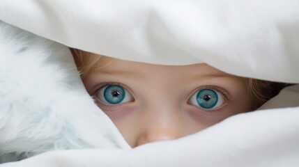 Wall Mural -  a close up of a child's blue eyes peeking out from under the covers of a white comforter with a fluffy white blanket on top of the child's head.