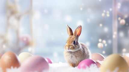 Wall Mural -  a rabbit sitting in the middle of a pile of eggs with snow on the ground and a window in the background with snow falling down on the top of the eggs.