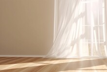 Realistic 3D Render Of Beautiful Sunlight And Window Frame Shadow On Beige Blank Wall, White Sheer Curtains Blowing In The Wind In An Empty Room. Shiny New Wooden Parquet Floor. Generative Ai.