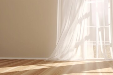 Realistic 3D render of beautiful sunlight and window frame shadow on beige blank wall, white sheer curtains blowing in the wind in an empty room. Shiny new wooden parquet floor. generative ai.