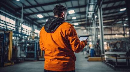 Wall Mural - A man in a modern factory with a tablet in his hands.	
