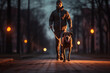 Runners wearing headlights and reflective equipment run with dogs on leashes at night