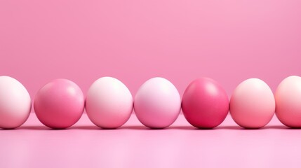 Wall Mural -  a row of pink and white eggs with one egg in the middle of the row, on a pink background, with a pink background of pink and white eggs.