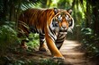 A majestic Bengal Tiger prowling through a dense and vibrant tropical jungle, its powerful gaze fixed on the camera.