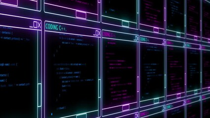 animation of wall with many programming windows in retro style cyber punk graphic video effect. digi