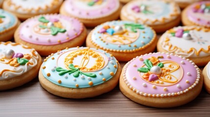 Wall Mural -  a group of decorated cookies sitting on top of a wooden table in front of a pile of other decorated cookies on top of a wooden table next to each other.