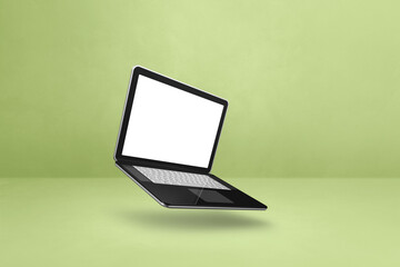 Poster - Floating computer laptop isolated on green. Horizontal background