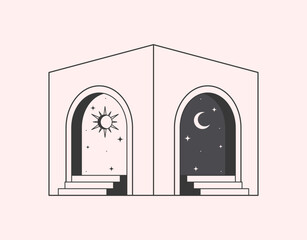 Wall Mural - Vector mystic logo design template with portals,steps,sun,crescent moon,and stars.Surreal abstract illustration in trendy minimal outline style.Celestial emblem.Branding design template.