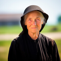 Elderly Amish woman, traditional attire, rural setting.
