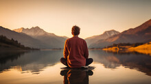 Back View Of A Man Sitting In Yoga Pose In The Sundown With A Lake And Mountains In Front Of Him