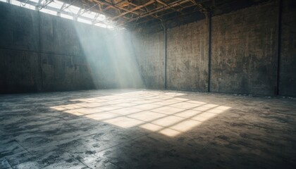 Poster -  a sunbeam shines through the window of an empty room with a concrete wall and floor in the foreground.