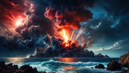  a painting of a huge explosion in the sky over a body of water with rocks in the foreground and a mountain in the background.