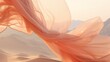Beautiful curly in the wind close up photo of flying veil on desert, golden hour, pastel peach fuzz color. The trending color of 2024.