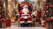A Heartwarming Scene Of Santa Sitting In A Festively Decorated Mall, Patiently Waiting For Kids To Share Their Wishes