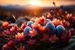 A cluster of eggs delicately perched atop a vibrant stack of blooming flowers, creating a whimsical and enchanting scene