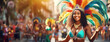 Vibrant Carnival Celebration. Dancer with Colorful Feathers in Rio. Panorama with copy space. Blur flamboyant festivities background.