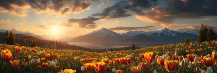 Poster - A field of vibrant flowers dances under a mesmerizing sunset in the background, creating a picturesque and serene scene