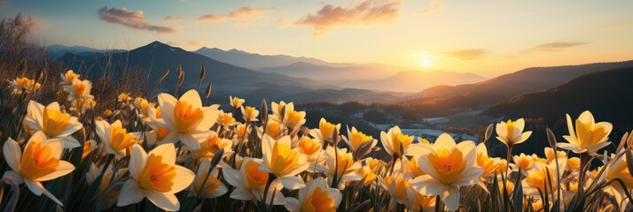 Sticker - A vibrant meadow bursting with a sea of yellow and white flowers under the golden sunlight of a beautiful day