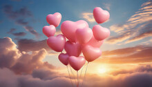 The Pink Heart Shaped Balloons And Clouds. Valentine's Day Composition.	