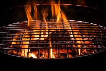 Poster - A close-up view of a grill engulfed in intense flames, creating a mesmerizing display of heat and light. The flames dance and flicker, casting a warm glow over the grill