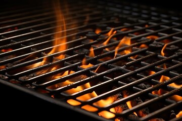 Poster - A close up of a grill with flames flickering and dancing, casting a warm glow and creating a mesmerizing display of heat and light