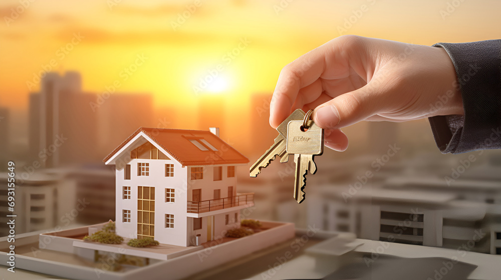 Male hand holding keys on the background of a model of a modern house ...