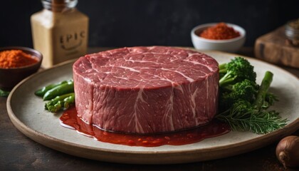 Wall Mural -  a piece of meat sitting on top of a white plate next to broccoli and a bottle of ketchup.