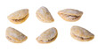 Set of sweets with yummy nut filling in shell shape isolated on a white background. Closeup of delicious Christmas or wedding walnut cookies powdered with vanilla sugar from traditional Czech cuisine.