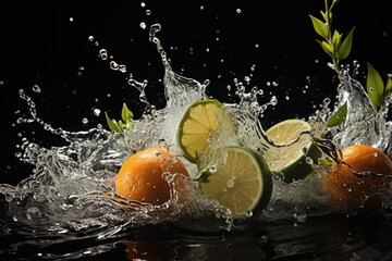 Poster - Limes and oranges are seen splashing and creating ripples as they fall into the water.