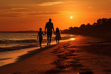 Poster - A man and two children walking on a beach, enjoying the sunset.