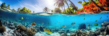 Split-view Panorama Of A Tranquil Lagoon With Tropical Fish And Lush Trees