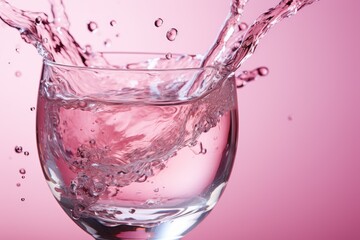 Wall Mural - A glass filled with clear water resting on a solid pink background.