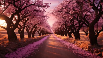 Sticker - Blossoming Pink Cherry Trees Lining a Sunlit Pathway