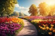 A winding pathway leads through a vibrant field of colorful flowers, each bloom a unique spectacle of nature adding to the magical atmosphere