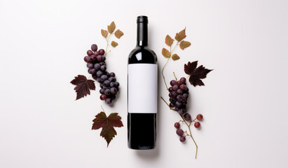 a bottle of red wine and autumn leaves