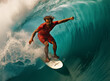 © Nataliia - Extreme male sportsman having fun riding a beautiful blue barrel ocean wave. Breathtaking shot of active man on holiday surfing a perfect crystal clear hollow wave