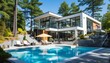 Elegant and modern white house showcasing a beautiful pool surrounded by a lush forest landscape