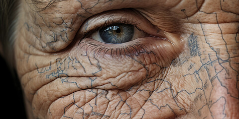 Wall Mural - Elderly person's face with map contours and rivers for wrinkles