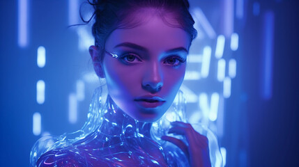 Wall Mural - Futuristic post-modern portrait, cybernetic enhancements visible on skin, holographic background projections