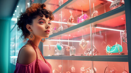 Sexy young hispanic woman in pink evening dress stands in front of a store window with jewelry