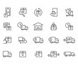 © GOLDMAN - Vector line icon set truck delivery. Shipping service and business outline logistic transportation collection. Thin package cargo merchandise and fast shipment order. Express courier vehicle